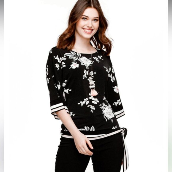 Rickis Black floral Kimono style half sleeve side knot boatneck  blouse XS - Picture 16 of 16